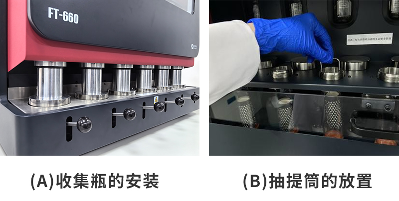 (a)收集瓶的安装；(b)抽提筒的放置